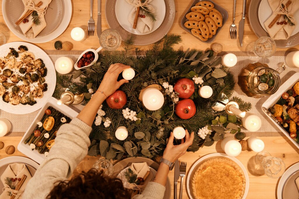 Christmas decorated table, dinner